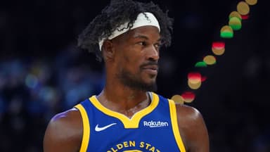 Jan 13, 2026; San Francisco, California, USA; Golden State Warriors forward Jimmy Butler III (10) waits for play to resume against the Portland Trail Blazers in the second quarter at Chase Center.
