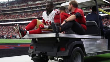 San Francisco 49ers defensive tackle Sam Okuayinonu (91) is driven in a cart after an apparent injury during the fourth quarter against the Houston Texans at NRG Stadium.
