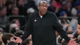 Jan 2, 2026; New York, New York, USA; New York Knicks head coach Mike Brown reacts to a call in the second quarter against the Atlanta Hawks at Madison Square Garden