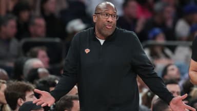 Jan 2, 2026; New York, New York, USA; New York Knicks head coach Mike Brown reacts to a call in the second quarter against the Atlanta Hawks at Madison Square Garden