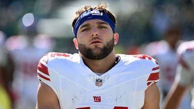 New York Giants running back Cam Skattebo (44) looks on before the game against the Philadelphia Eagles at Lincoln Financial Field.