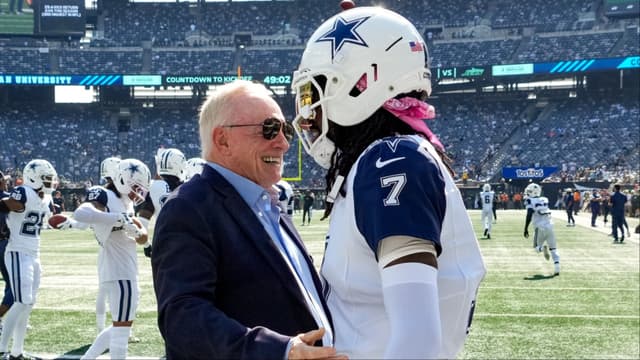 Dallas Cowboys Owner, President and general manager Jerry Jones with cornerback Trevon Diggs (7) on the field prior to a game against the New York Jets at MetLife Stadium.