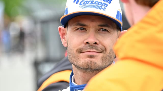 Arrow McLaren driver Kyle Larson (17) is seen talking in the garage area after a crash on Lap 91 on Sunday, May 25, 2025, during the 109th running of the Indianapolis 500 at Indianapolis Motor Speedway.