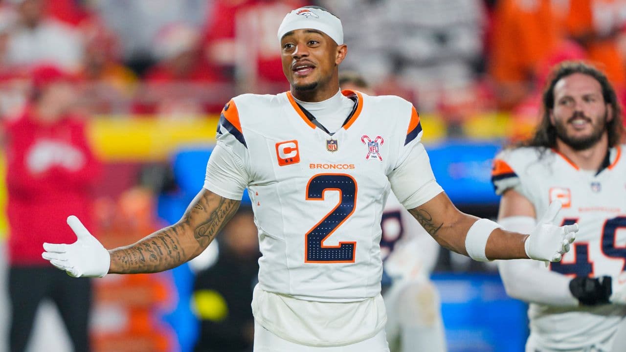 Denver Broncos cornerback Pat Surtain II (2) warms up prior to a game against the Kansas City Chiefs at GEHA Field at Arrowhead Stadium.