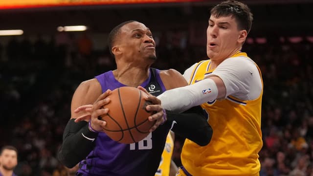 Sacramento Kings guard Russell Westbrook (18) is fouled by Los Angeles Lakers forward Jake LaRavia (12) in the fourth quarter at the Golden 1 Center.