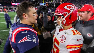 New England Patriots quarterback Tom Brady (12) and Kansas City Chiefs quarterback Patrick Mahomes (15) after the game at Gillette Stadium.
