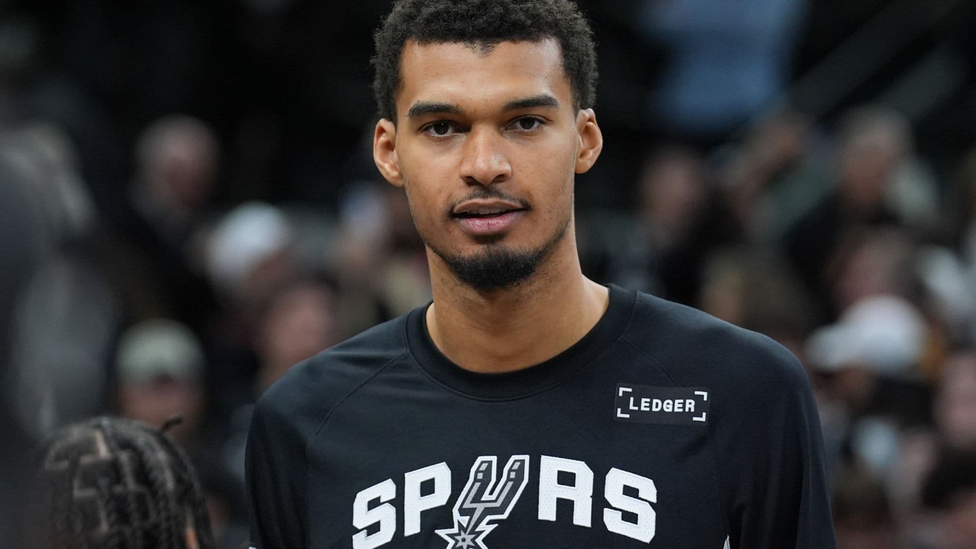 Dec 31, 2025; San Antonio, Texas, USA; San Antonio Spurs forward Victor Wembanyama (1) after the game against the New York Knicks at Frost Bank Center.