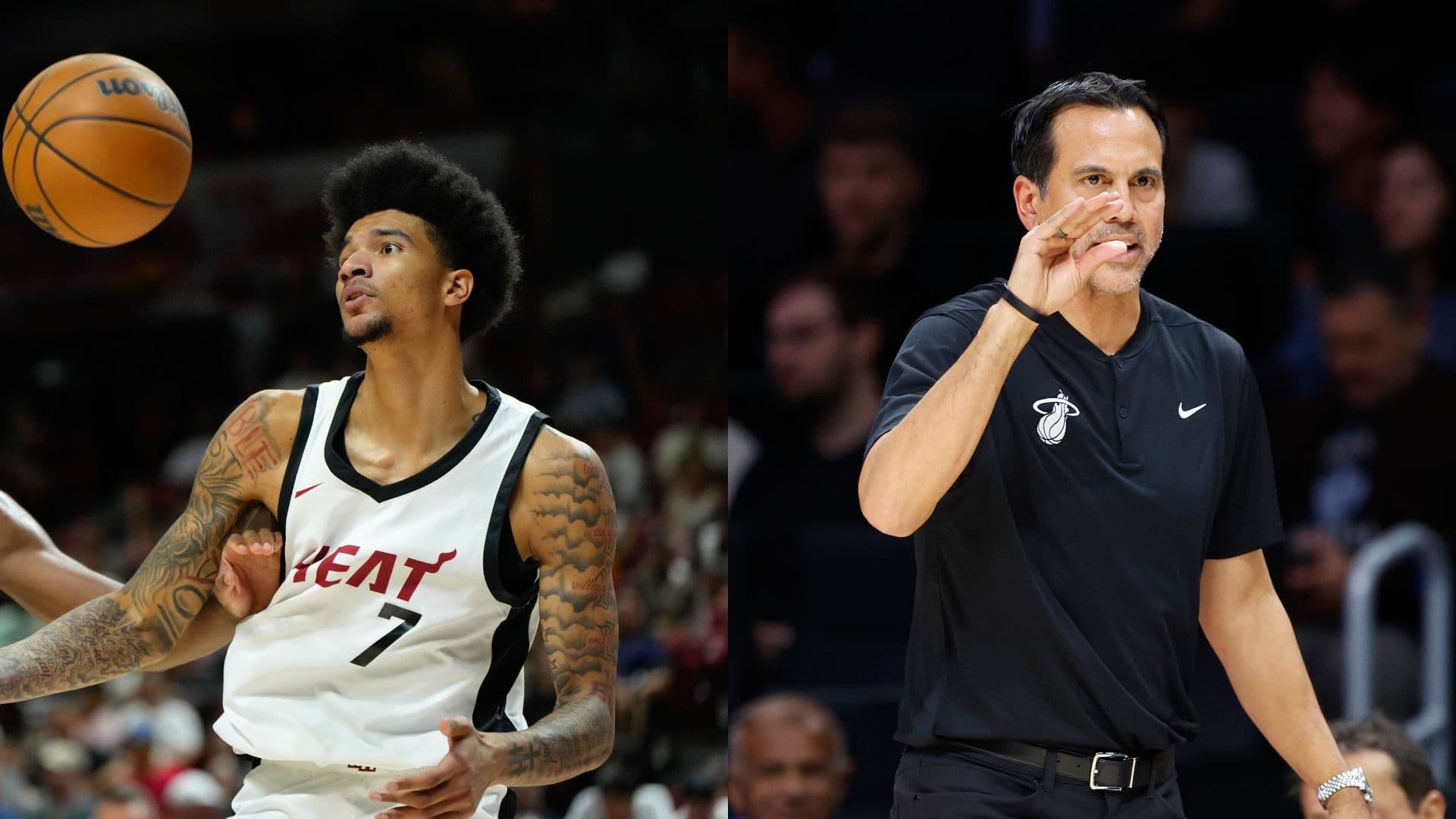 Jan 15, 2026; Miami, Florida, USA; Miami Heat head coach Erik Spoelstra reacts against the Boston Celtics during the second half at Kaseya Center