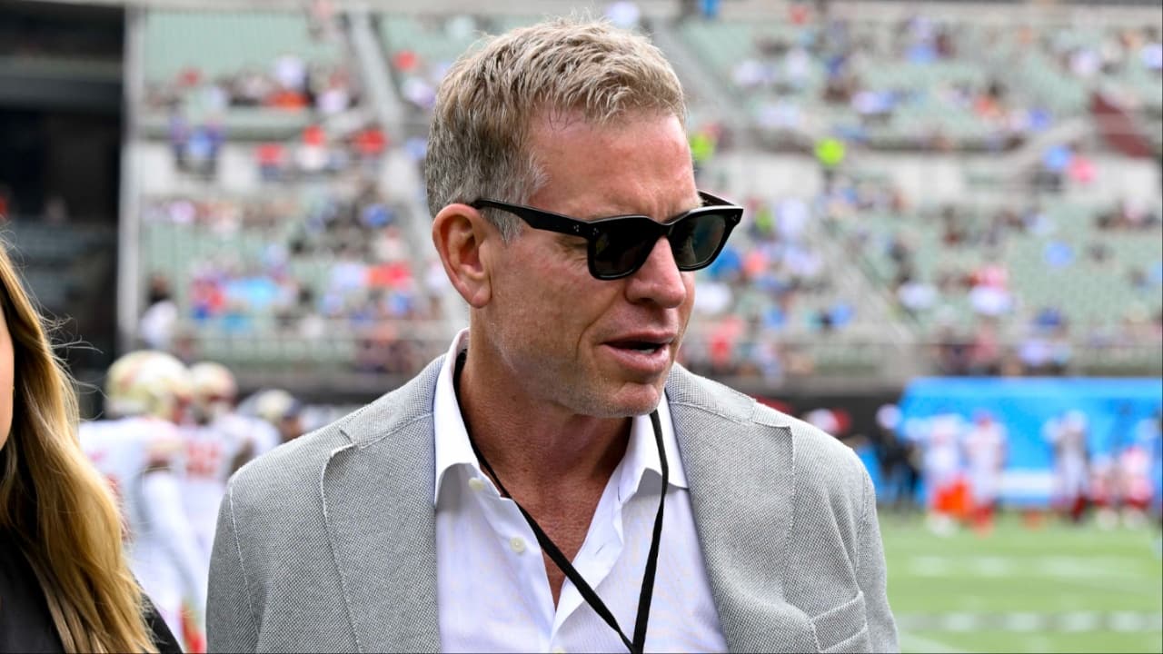 Former NFL player Troy Aikman walks on the field before the game between the Arlington Renegades and the Birmingham Stallions at Choctaw Stadium.