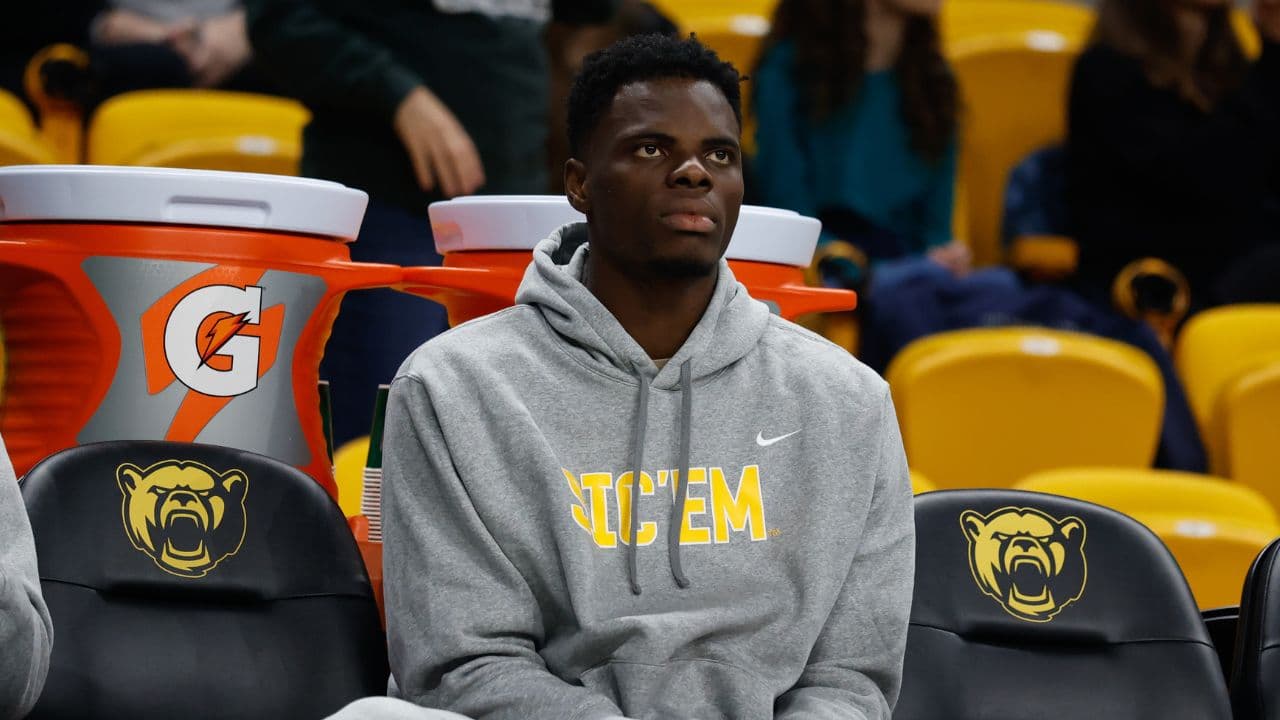 Baylor Bears center James Nnaji (46) in street clothes on the bench during the second half against the Arlington Baptist Patriots at Paul and Alejandra Foster Pavilion.