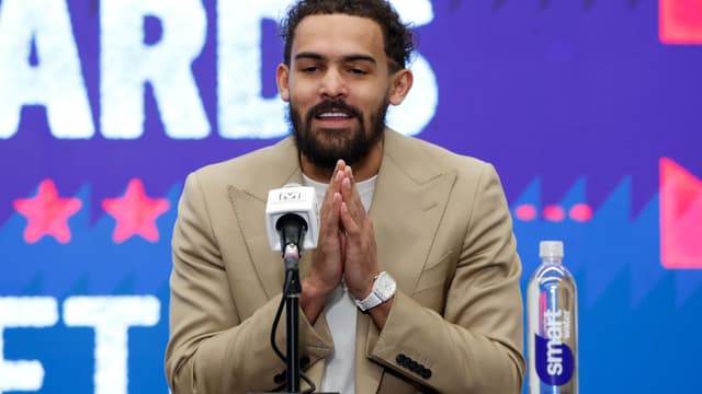 Jan 9, 2026; Washington, District of Columbia, USA; Newly acquired Washington Wizards guard Trae Young speaks at an introductory press conference prior to the Wizards' game against the New Orleans Pelicans at Capital One Arena.