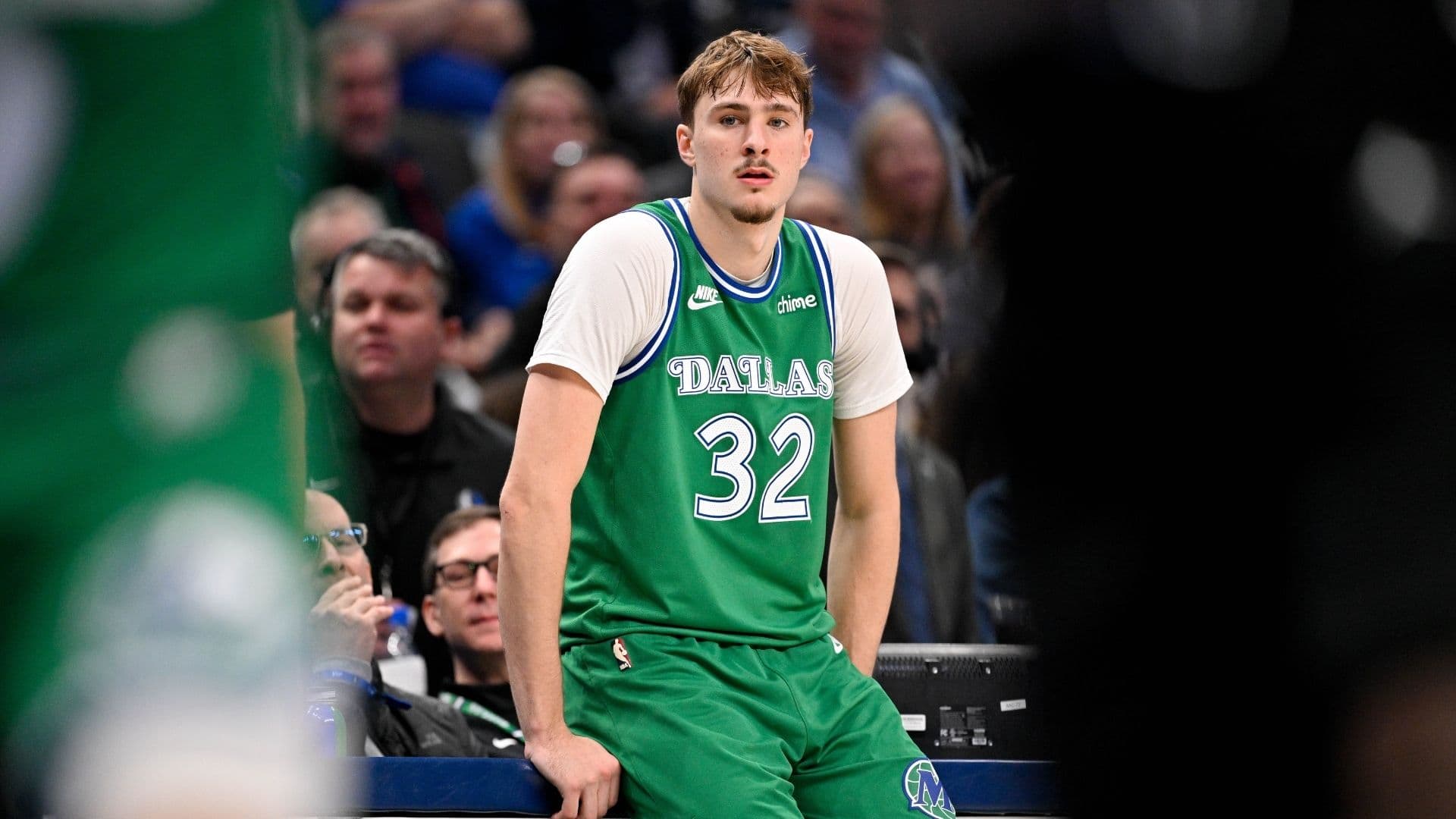 Jan 12, 2026; Dallas, Texas, USA; Dallas Mavericks forward Cooper Flagg (32) looks on during the second half against the Brooklyn Nets at the American Airlines Center