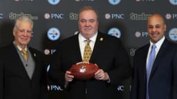 Daniel Martin Rooney (left), Pittsburgh Steelers owner Art Rooney II (left center) and general manager Omar Khan (right) flank Mike McCarthy (middle) at a press conference announcing McCarthy as the new Pittsburgh Steelers head coach at PNC Champions Club at Acrisure Stadium.