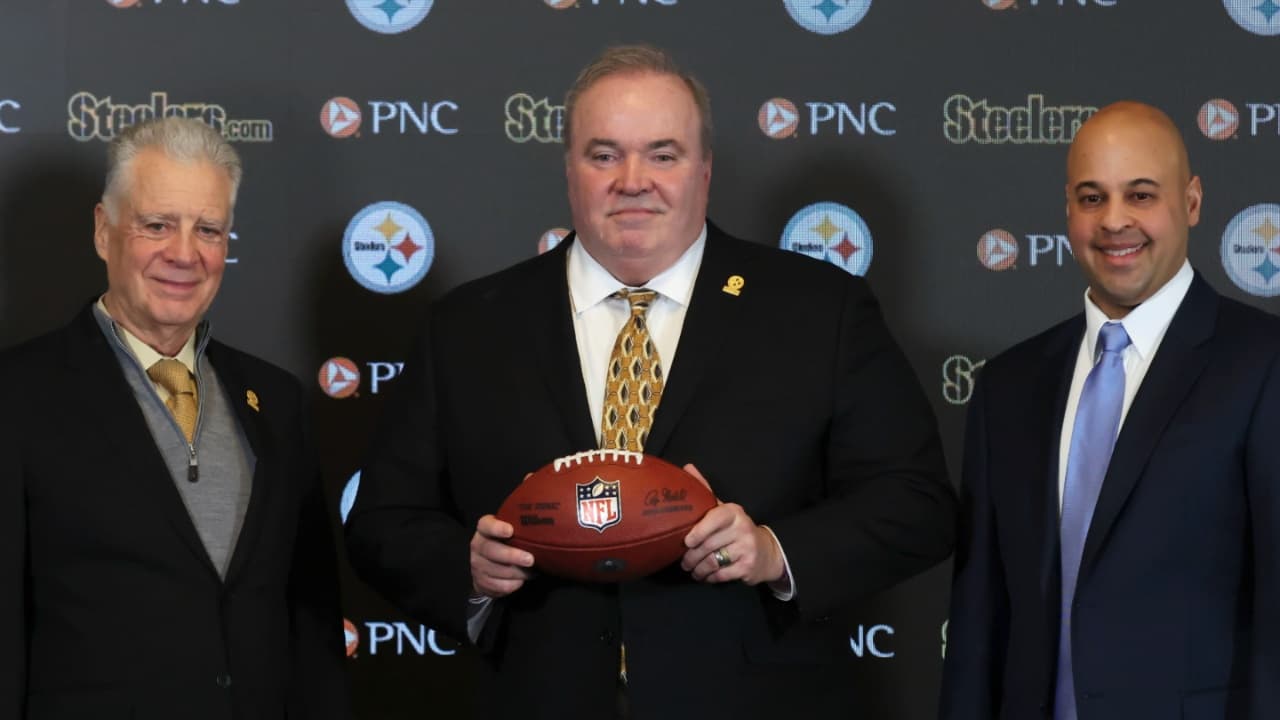 Daniel Martin Rooney (left), Pittsburgh Steelers owner Art Rooney II (left center) and general manager Omar Khan (right) flank Mike McCarthy (middle) at a press conference announcing McCarthy as the new Pittsburgh Steelers head coach at PNC Champions Club at Acrisure Stadium.