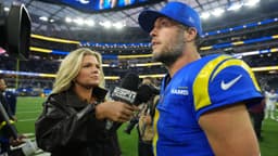 ESPN radio reporter Lindsey Thiry. (left) interviews Los Angeles Rams quarterback Matthew Stafford (9) after the game against the Detroit Lions at SoFi Stadium.