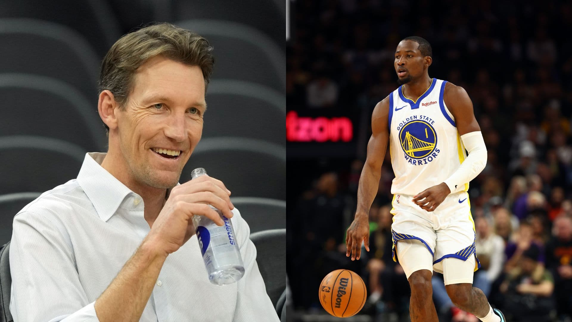 Dec 18, 2025; Phoenix, Arizona, USA; Golden State Warriors forward Jonathan Kuminga (1) against the Phoenix Suns at Mortgage Matchup Center.