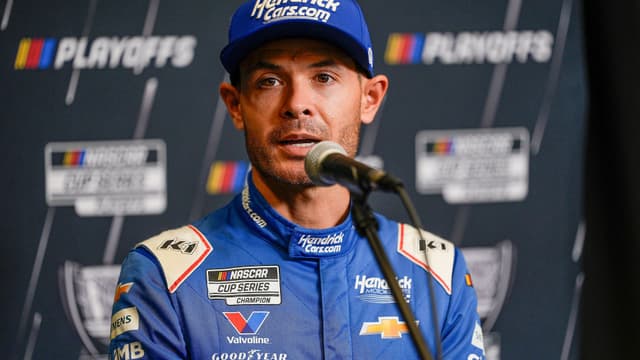 Aug 27, 2025; Charlotte, NC, USA; Kyle Larson answers questions from the media during NASCAR Cup Series Playoff Media Day at Charlotte Convention Center
