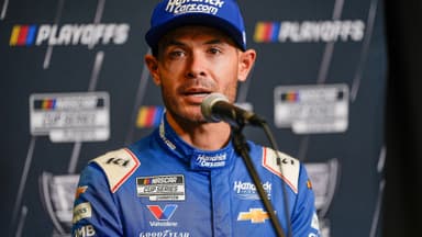 Aug 27, 2025; Charlotte, NC, USA; Kyle Larson answers questions from the media during NASCAR Cup Series Playoff Media Day at Charlotte Convention Center