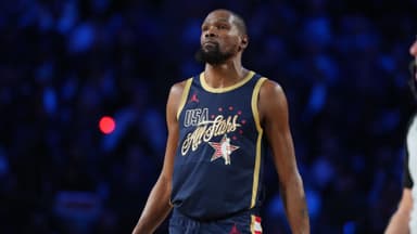 Feb 15, 2026; Inglewood, California, USA; Team USA Stripes forward Kevin Durant () 7of the Houston Rockets looks on during game three against Team World during the 75th NBA All Star Game at Intuit Dome