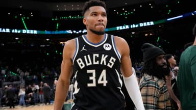 Jan 23, 2026; Milwaukee, Wisconsin, USA; Milwaukee Bucks forward Giannis Antetokounmpo (34) walks from the court following the game against the Denver Nuggets at Fiserv Forum.
