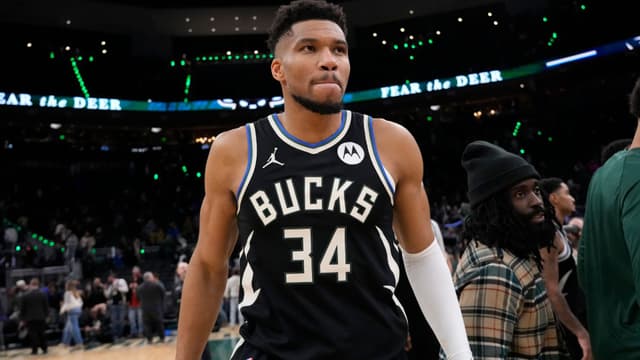 Jan 23, 2026; Milwaukee, Wisconsin, USA; Milwaukee Bucks forward Giannis Antetokounmpo (34) walks from the court following the game against the Denver Nuggets at Fiserv Forum.