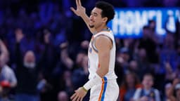 Feb 7, 2026; Oklahoma City, Oklahoma, USA; Oklahoma City Thunder guard Jared McCain (3) gestures after scoring against the Houston Rockets during the second half at Paycom Center.