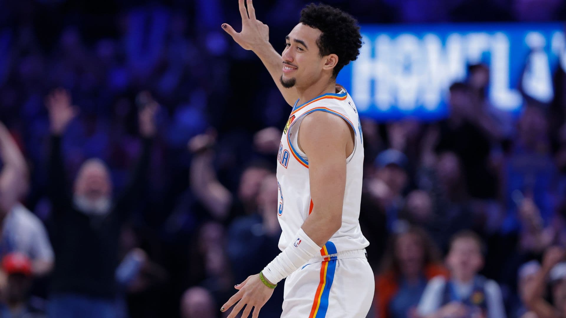 Feb 7, 2026; Oklahoma City, Oklahoma, USA; Oklahoma City Thunder guard Jared McCain (3) gestures after scoring against the Houston Rockets during the second half at Paycom Center.