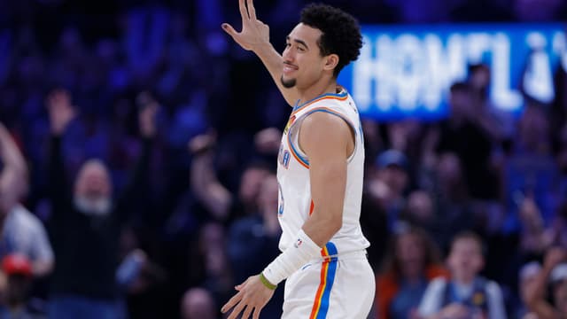Feb 7, 2026; Oklahoma City, Oklahoma, USA; Oklahoma City Thunder guard Jared McCain (3) gestures after scoring against the Houston Rockets during the second half at Paycom Center.