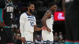 Minnesota Timberwolves guard Mike Conley (10) and guard Anthony Edwards (5) react during the third quarter against the Memphis Grizzlies at FedExForum.