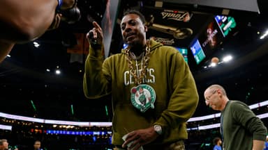Jun 9, 2024; Boston, Massachusetts, USA; Boston Celtics former player Paul Pierce looks into a video camera on the court before game two of the 2024 NBA Finals between the Boston Celtics and the Dallas Mavericks at TD Garden.
