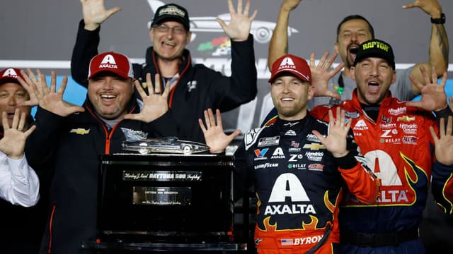 Feb 16, 2025; Daytona Beach, Florida, USA; NASCAR Cup Series driver William Byron (24) poses with the Harley J. Earl trophy after winning the Daytona 500 at Daytona International Speedway.