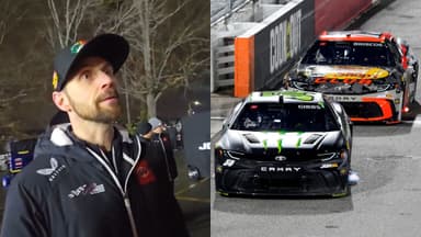 Feb 4, 2026; WInston-Salem, North Carolina, USA; NASCAR Cup Series driver Ty Gibbs (54) is challenged by driver Chase Briscoe (19) during the Cook Out Clash at Bowman Gray Stadium.