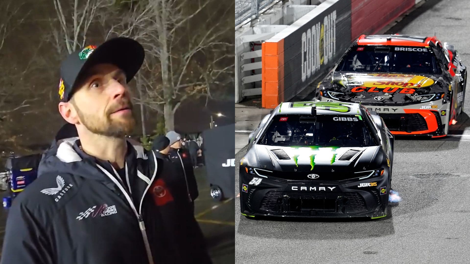 Feb 4, 2026; WInston-Salem, North Carolina, USA; NASCAR Cup Series driver Ty Gibbs (54) is challenged by driver Chase Briscoe (19) during the Cook Out Clash at Bowman Gray Stadium.