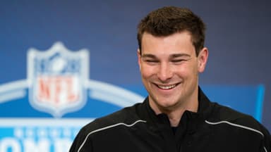 Indiana quarterback Fernando Mendoza (QB11) speaks to members of the media during the NFL Combine at the Indiana Convention Center.