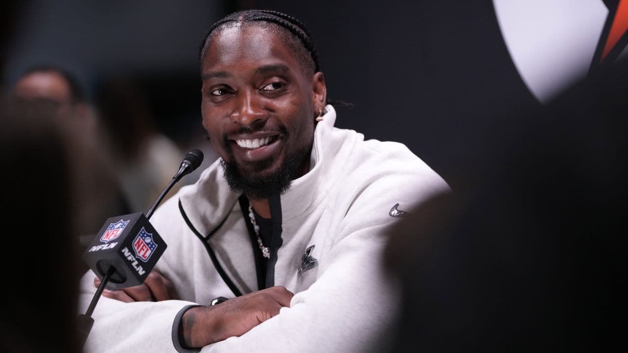 Seattle Seahawks defensive end DeMarcus Lawrence (0) speaks to media during Opening Night for Super Bowl LX at San Jose Convention Center.