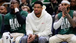 Milwaukee Bucks forward Giannis Antetokounmpo looks on from the bench during the first quarter against the New Orleans Pelicans at Fiserv Forum.