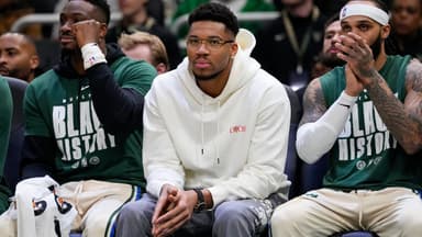 Milwaukee Bucks forward Giannis Antetokounmpo looks on from the bench during the first quarter against the New Orleans Pelicans at Fiserv Forum.