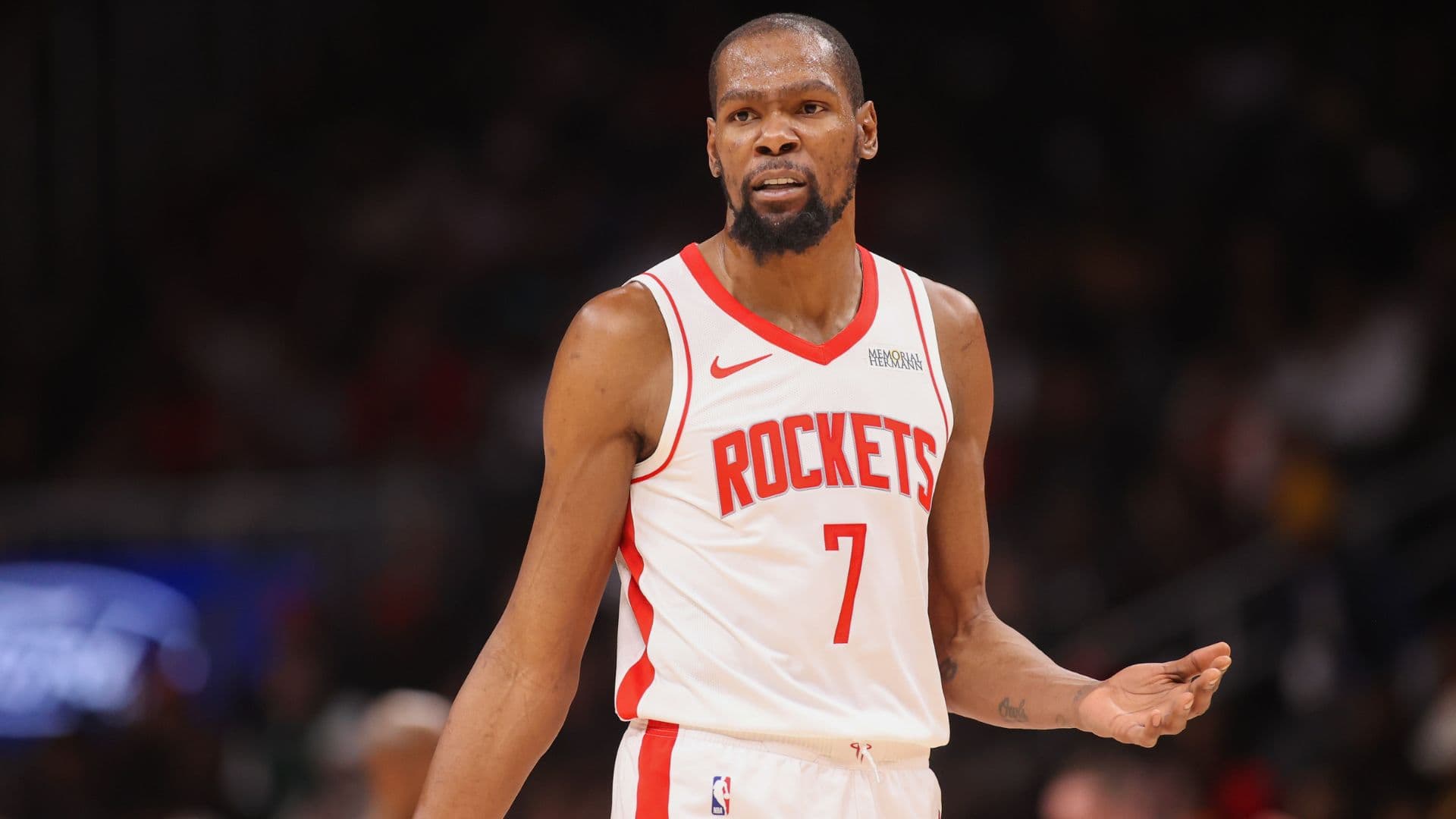 Jan 29, 2026; Atlanta, Georgia, USA; Houston Rockets forward Kevin Durant (7) reacts to a referee against the Atlanta Hawks in the second quarter at State Farm Arena.