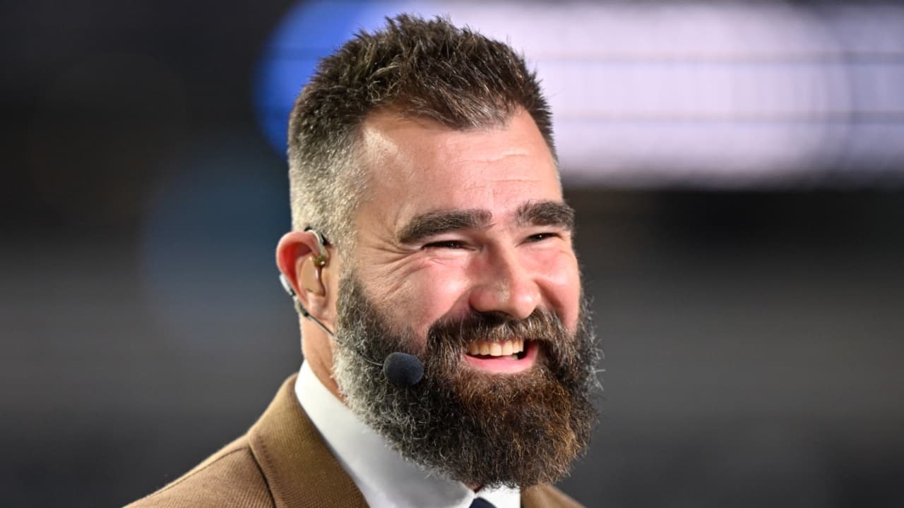 ESPN Monday Night Countdown panelist and former player Jason Kelce speaks before the game between the Dallas Cowboys and the Arizona Cardinals at AT&T Stadium.