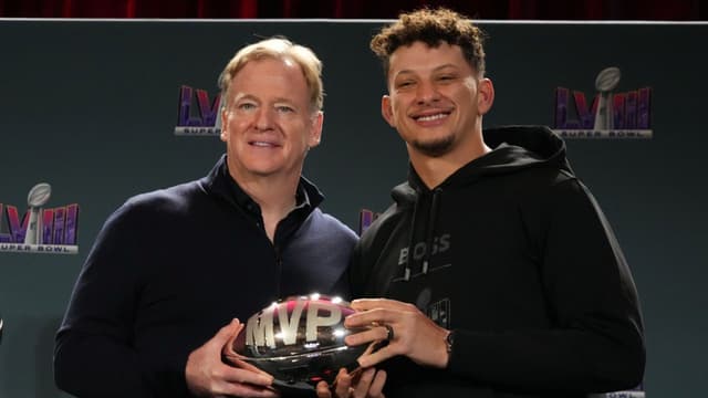 Roger Goodell handing Patrick Mahomes the NFL Super Bowl MVP award