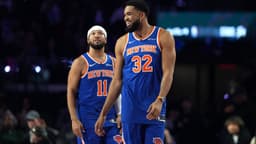 Feb 14, 2026; Los Angeles, CA, USA; Team Knicks guard Jalen Brunson (11) of the New York Knicks and center Karl-Anthony Towns (32) of the New York Knicks react during the shooting stars competition during the 2026 NBA All Star Saturday Night at Intuit Dome