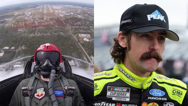 Ryan Blaney in a Thunderbird (L) and Ryan Blaney at Daytona 500, 2026 (R)