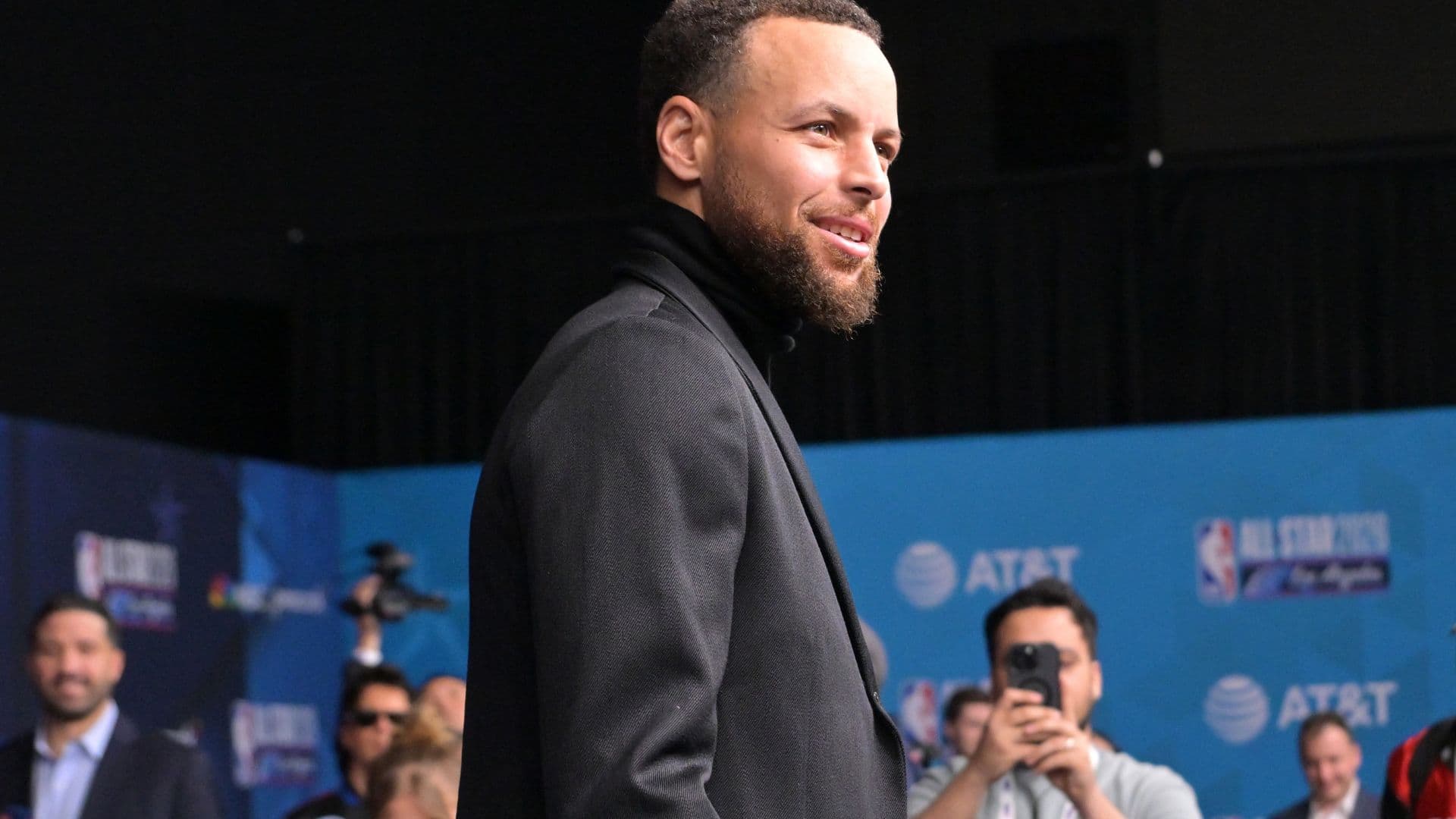 Feb 15, 2026; Los Angeles, CA, USA; Team USA Stripes guard Stephen Curry (30) of the Golden State Warriors on the red carpet before the 75th NBA All Star Game at Intuit Dome