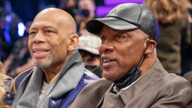 NBA great Kareem Abdul-Jabbar (left) and NBA great Julius Erving (right) during the Skills Challenge during the 2022 NBA All-Star Saturday Night at Rocket Mortgage Field House.