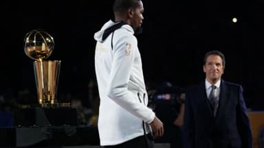 October 16, 2018; Oakland, CA, USA; Golden State Warriors forward Kevin Durant (35) receives his ring from co-owner Peter Guber