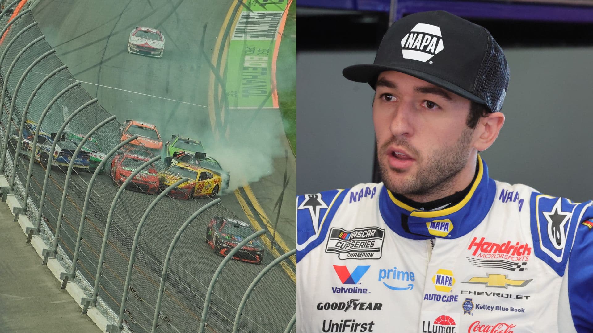 Chase Elliott's crash in Daytona (L) and Chase Elliott (R)