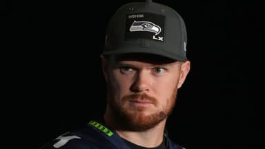 Seattle Seahawks quarterback Sam Darnold (14) talks to media members at the San Jose Marriott.