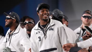 Seattle Seahawks safety Nick Emmanwori (3) on stage during Opening Night for Super Bowl LX at San Jose Convention Center.