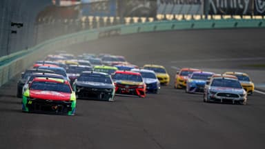 Feb 28, 2021; Homestead, Florida, USA; NASCAR Cup Series driver William Bryon (24) leads the field during the Dixie Vodka 400 Homestead-Miami Speedway.