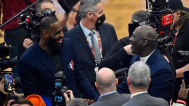Feb 20, 2022; Cleveland, Ohio, USA; Lebron James and Michael Jordan on court during halftime during the 2022 NBA All-Star Game at Rocket Mortgage FieldHouse. Mandatory Credit: David Richard-Imagn Images